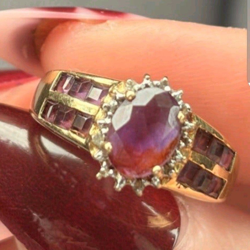 Ring 14 karaat goud Amethist & Steentjes 3.5 gram Maat 17, Ophalen, Goud