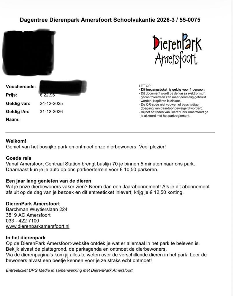 kaartje dierenpark amersfoort, Tickets en Kaartjes, Eén persoon, Ticket of Toegangskaart