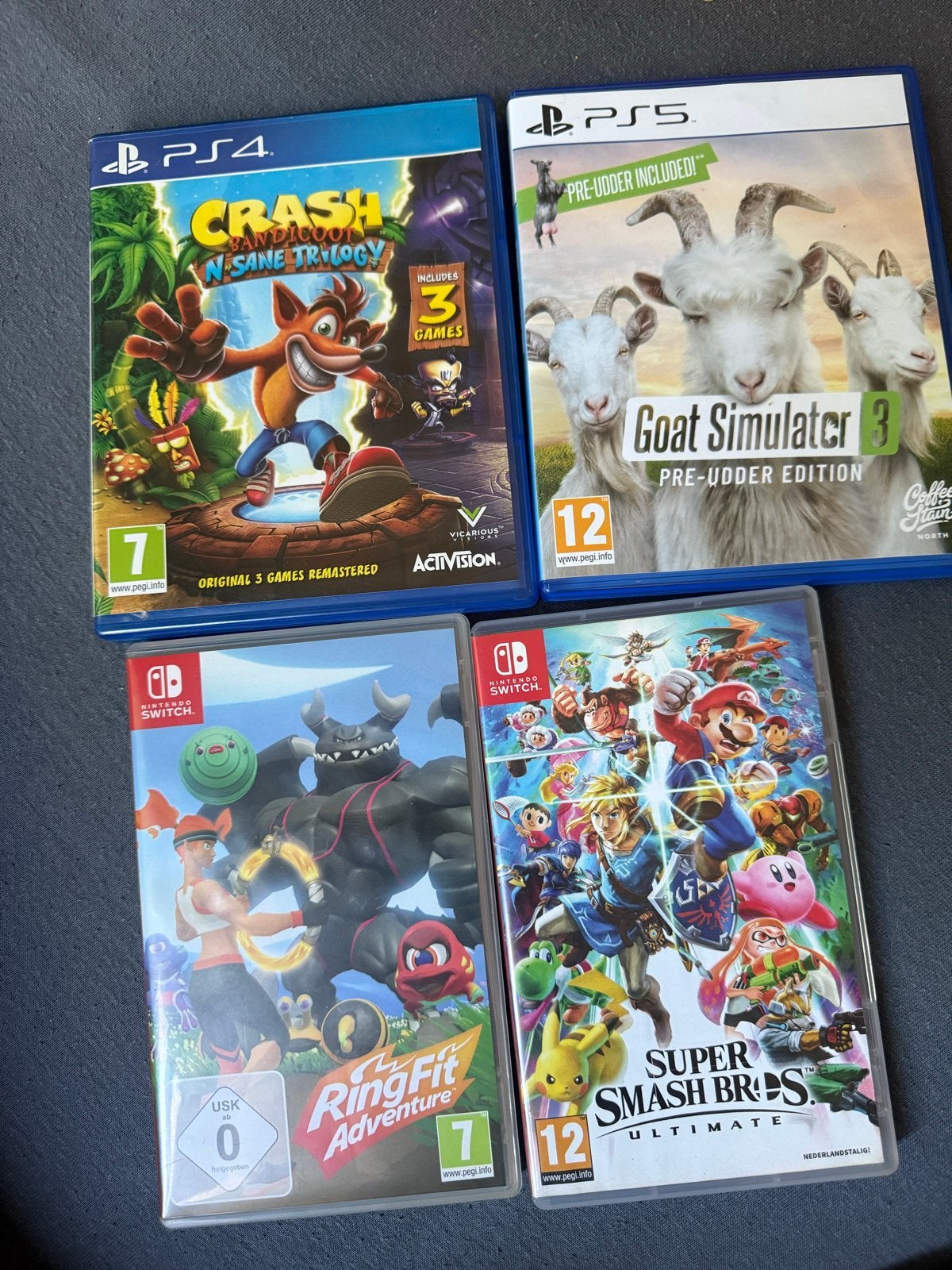 4x PS4/PS5/Switch games: Crash, Goat Simulator, RingFit, Sma, Spelcomputers en Games, Games | Overige, Gebruikt, Overige genres