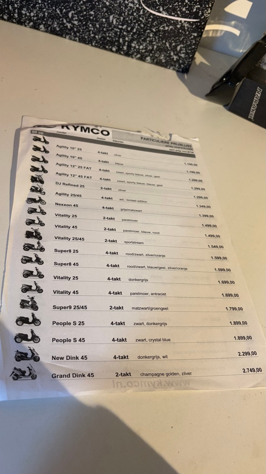 Kymco Scooter Prijslijst - Diverse Modellen, Ophalen of Verzenden, Gebruikt