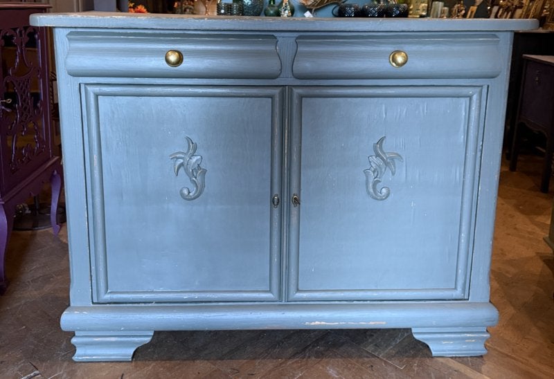 Antiek dressoir, vintage kast, stoer buffet olijfgroen VdlM, Ophalen, Doorleefd kastje oude buffetkast brocante commode salonkast