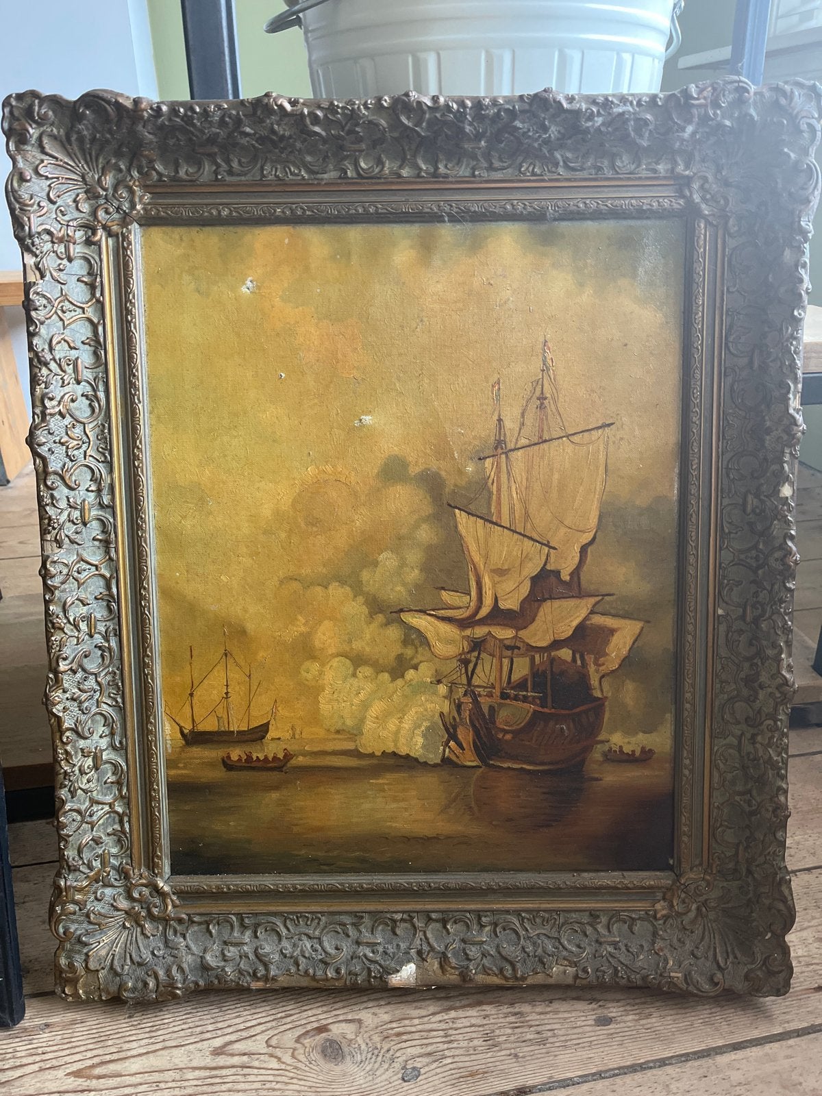 Klassiek olieverfschilderij van zeeslag in sierlijke lijst, Antiek en Kunst, Maritiem / water, Doek, Ophalen of Verzenden, Olieverf