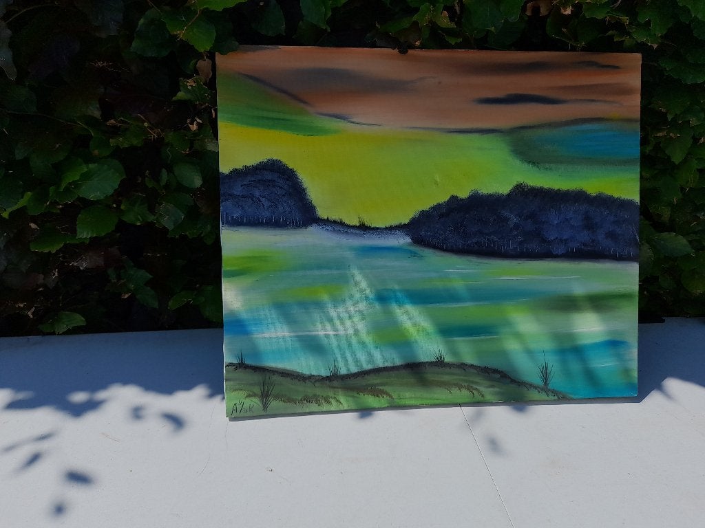 mooi handgeschilderde schilderij met zee en duinen a v/d kam, Ophalen of Verzenden, Zo goed als nieuw