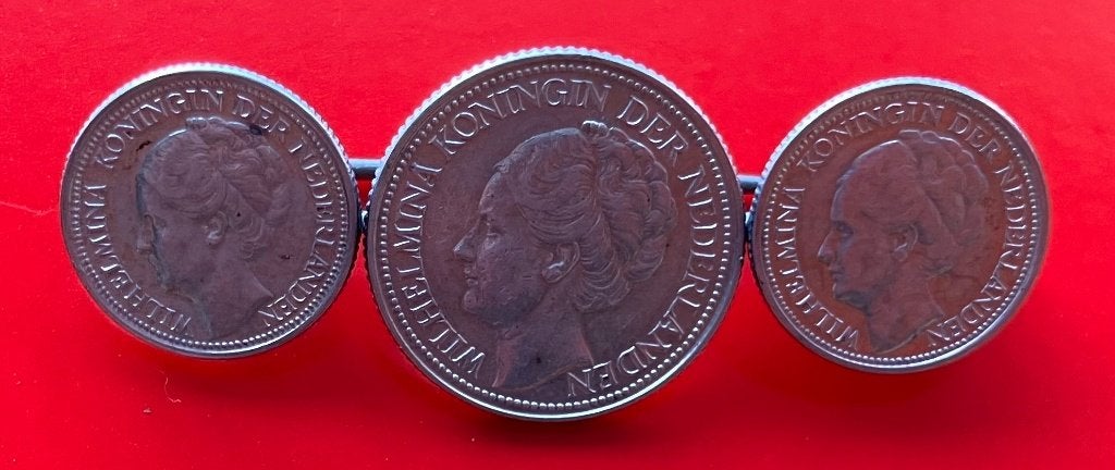 zilveren broche van 1 x 25 cent en 2 x 10 cent Wilhelmina, Ophalen, Setje, Zilver, 10 cent