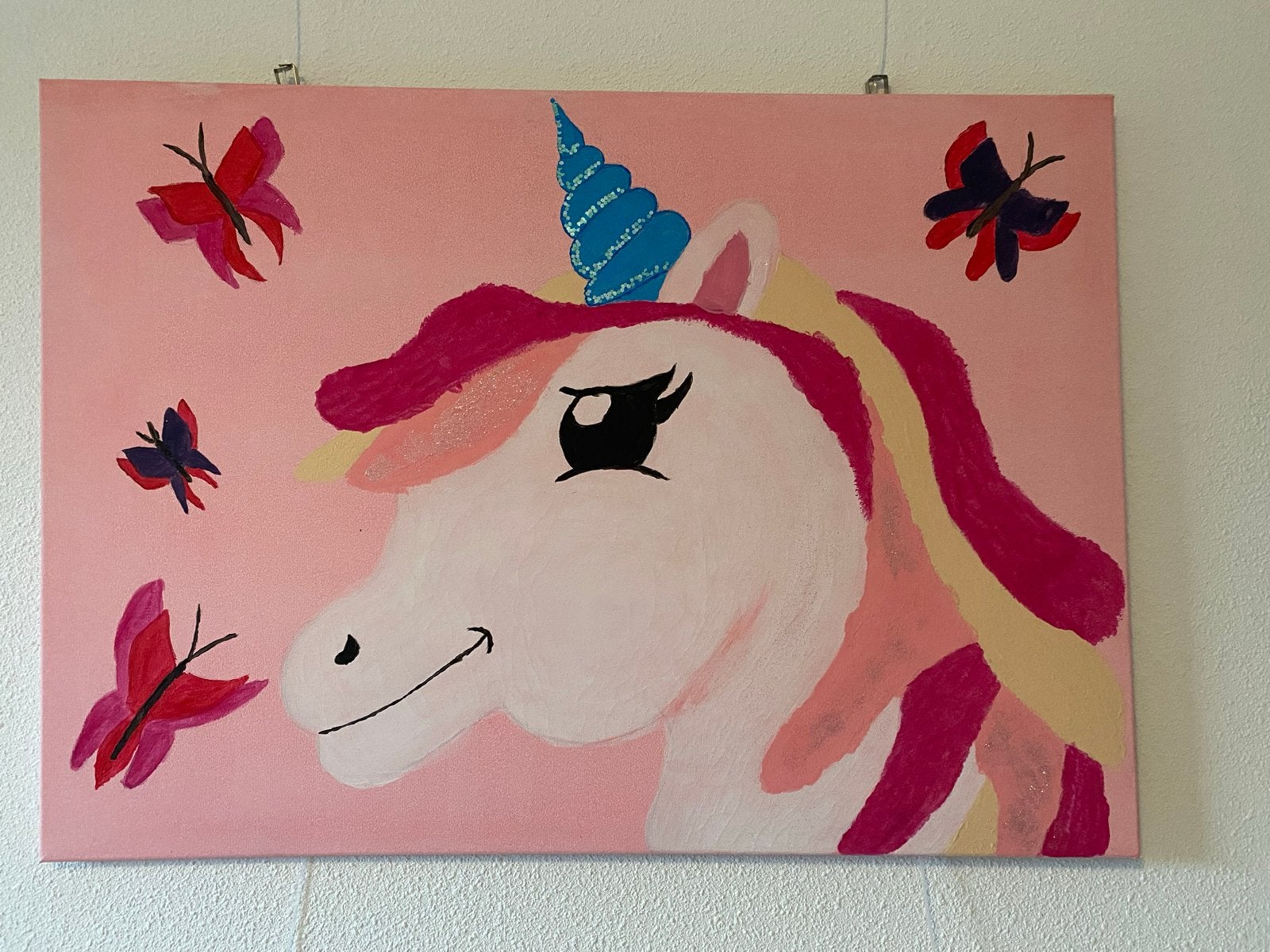 Schilderij Eenhoorn met vlinders - Roze en vrolijk, Ophalen, Acrylverf, Handgeschilderd, Dieren