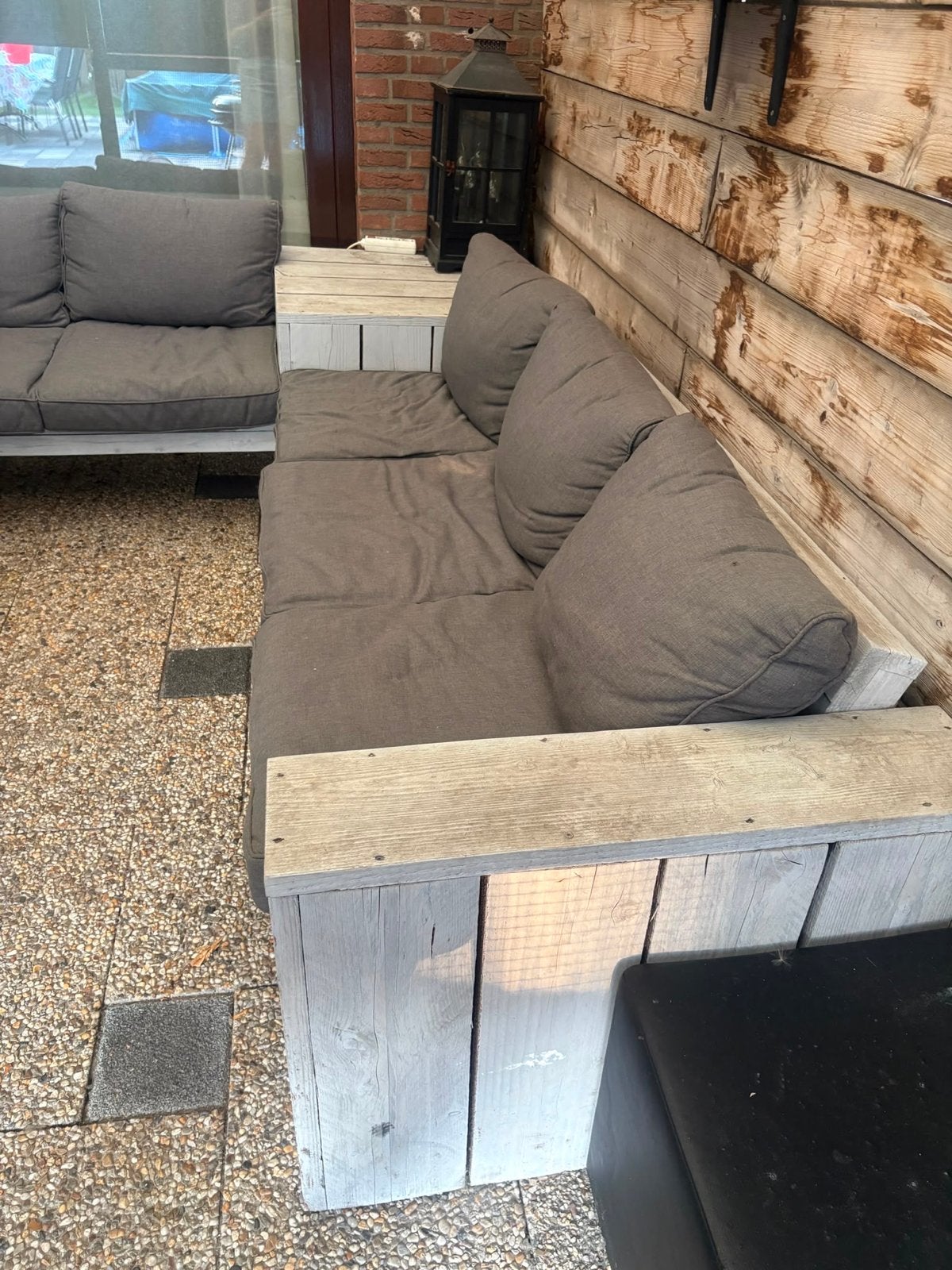 GRATIS! Steigerhouten loungeset met kussens, Ophalen, 5 zitplaatsen, Gebruikt, Steigerhout