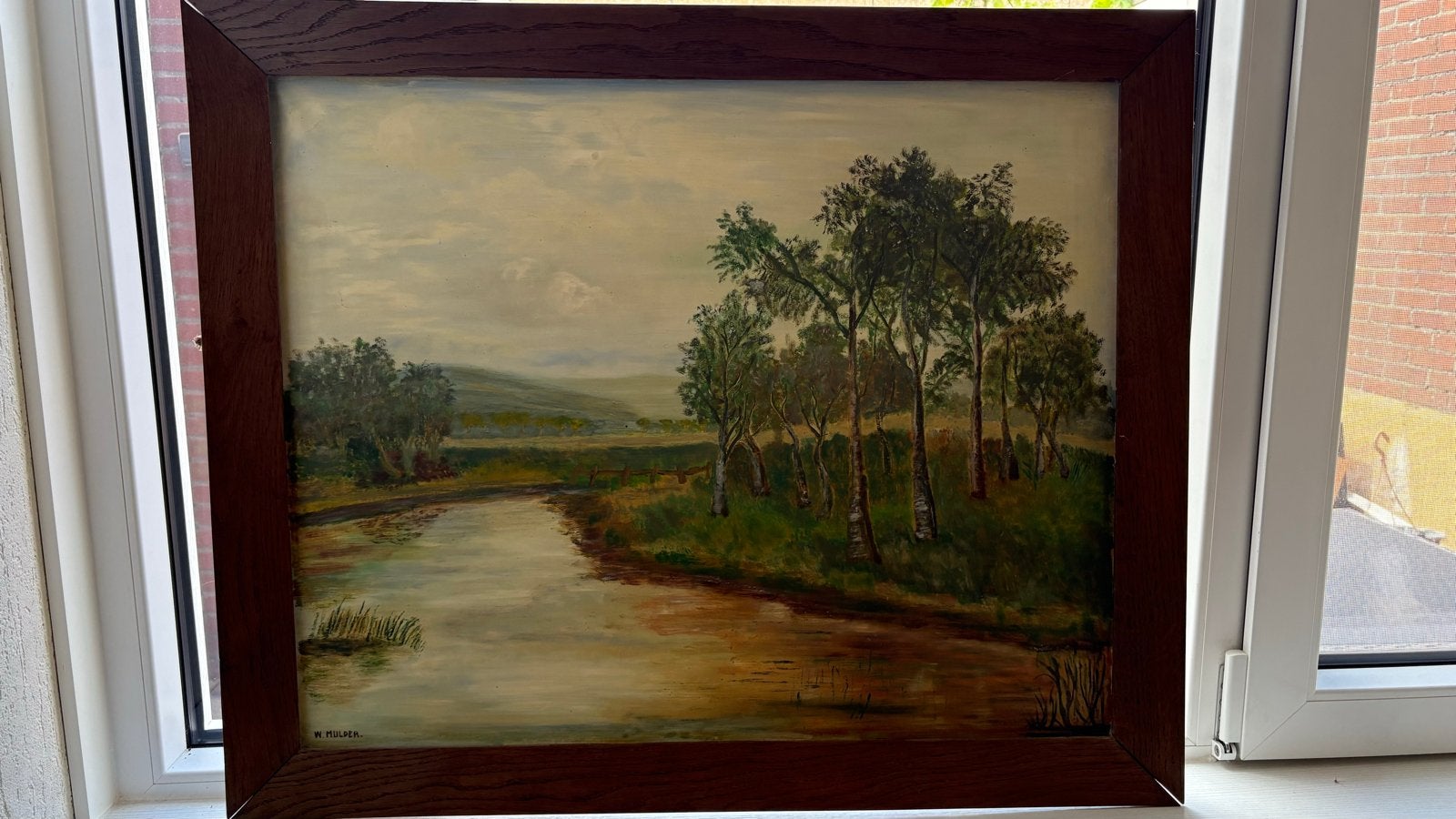 Schilderij W. Mulder - Landschap met rivier en bomen, Ophalen, Doek, Realistisch, Gesigneerd