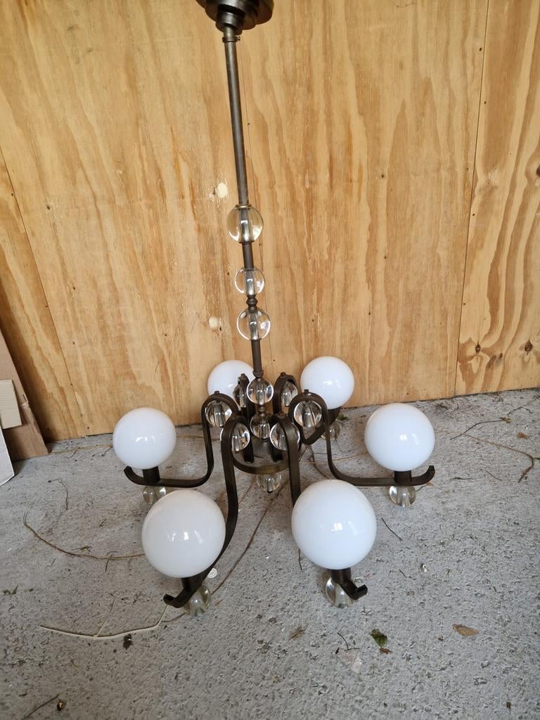 Bronzen/glazen antieke Art Deco kroonluchter 6 arms 6 arm, Ophalen of Verzenden