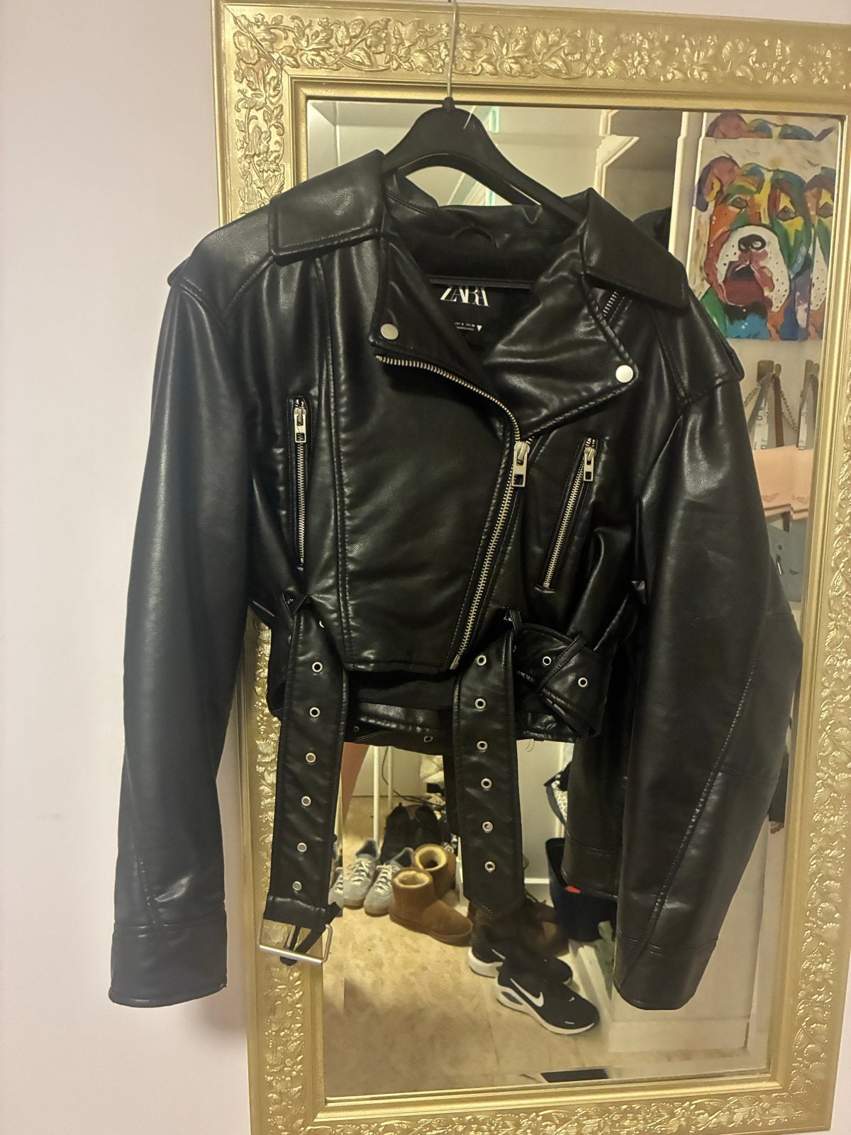 Zwarte leren bikerjack van Zara, maat S, Kleding | Dames, Ophalen, Zo goed als nieuw, Maat 36 (S), Zwart