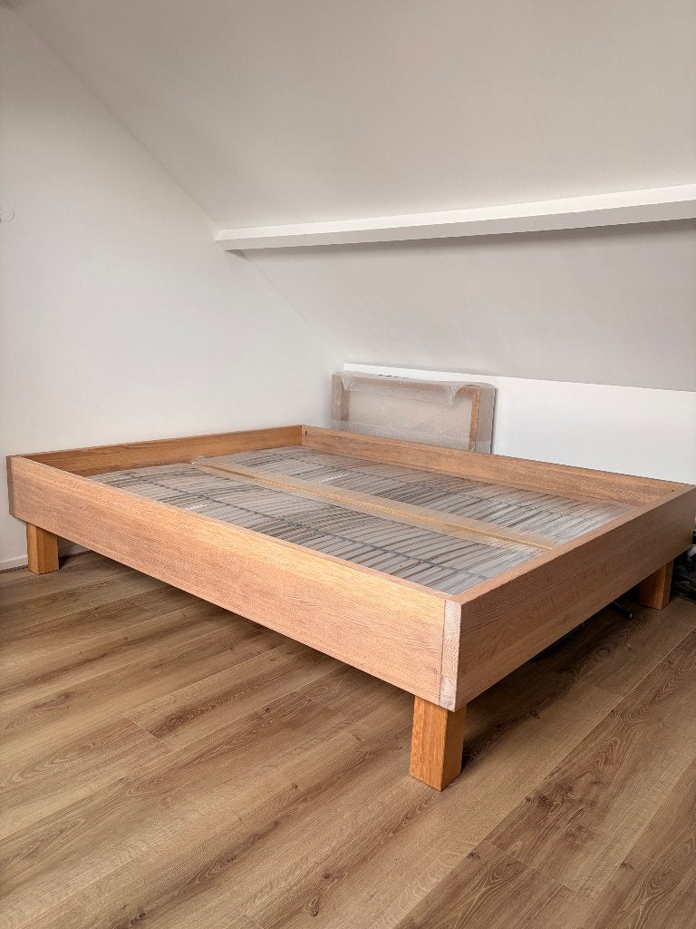 Massief eikenhouten bed 160x210 – inclusief 2 lattenbodems, Ophalen, Bruin, 210 cm, Landelijk