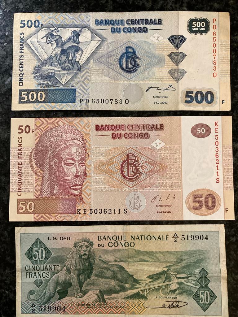 Set Congolese bankbiljetten: 500F, 50F (2020), 50F (1961), Ophalen of Verzenden, Overige landen, Setje