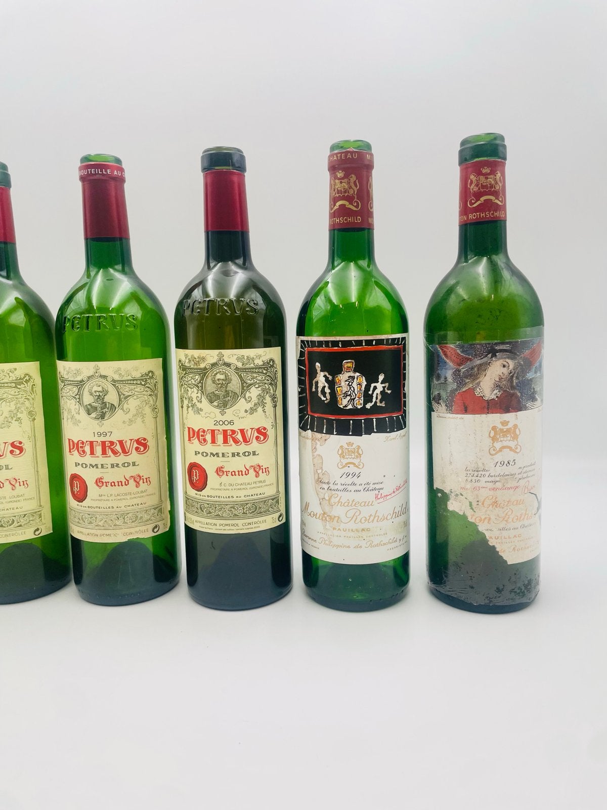 Exclusieve lege wijnflessen - Petrus, Mouton Rothschild, Ophalen of Verzenden, Gebruikt, Frankrijk, Rode wijn