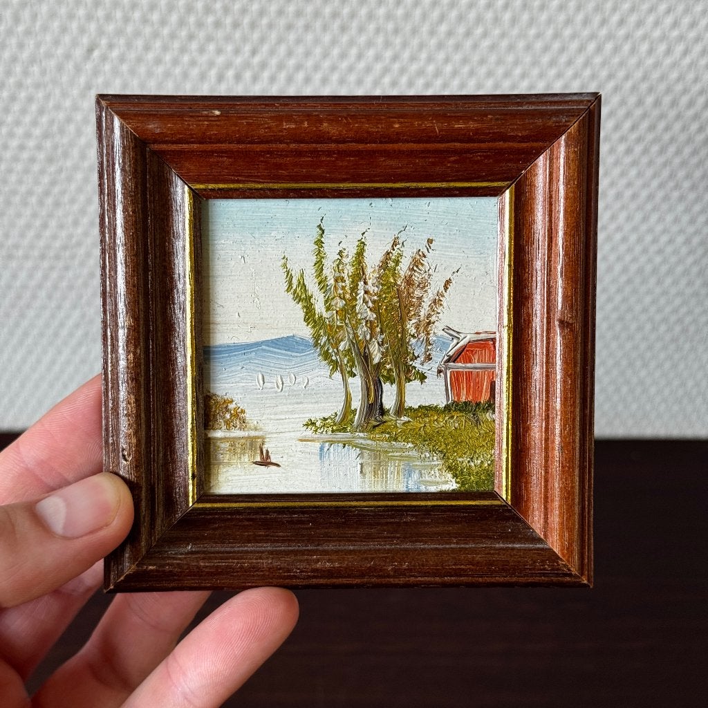 Simpel Miniatuur Schilderij, Vintage Schuur aan Water, Antiek en Kunst, Kunst | Schilderijen | Klassiek, Ophalen of Verzenden