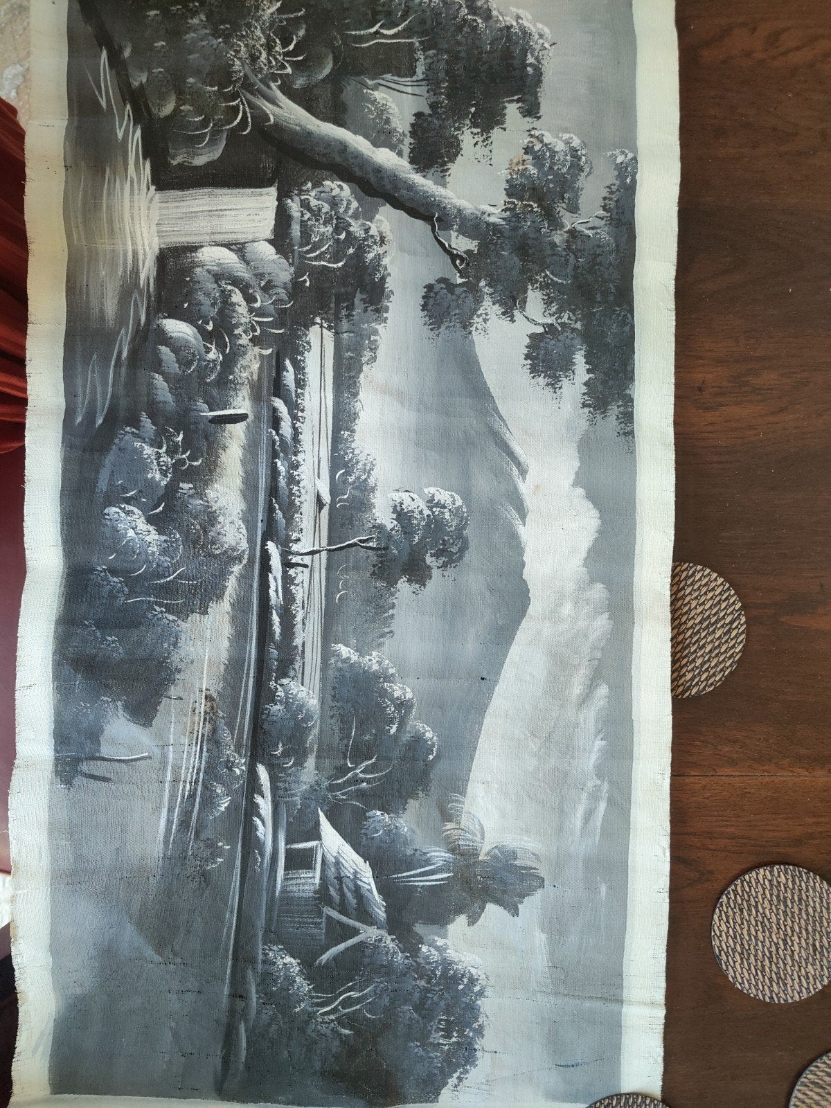 Oosters schilderij met waterval en hut, 40 x 80 cm, Ophalen, Geschilderd, Meerkleurig, Overige herkomsten