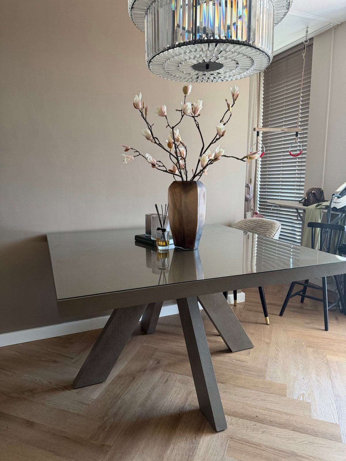 Eettafel & Salontafel Set Taupe Eikenfineer met Glasplaat, Huis en Inrichting, Tafels | Eettafels, 100 tot 150 cm, Eikenhout, Ophalen of Verzenden