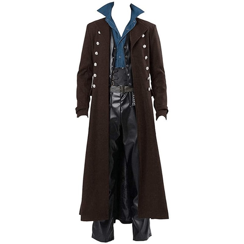 Lange heren bruine steampunk jas (middeleeuwse trenchcoat), Hobby en Vrije tijd, Kostuums, Theaterbenodigdheden en LARP, Verzenden