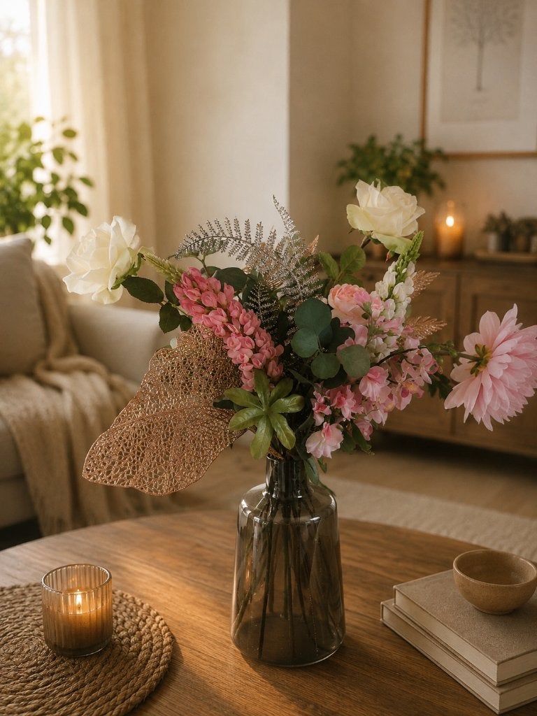 Kunstbloemen boeket met vaas, Huis en Inrichting, Woonaccessoires | Kunstplanten en Kunstbloemen, Binnen, Ophalen of Verzenden