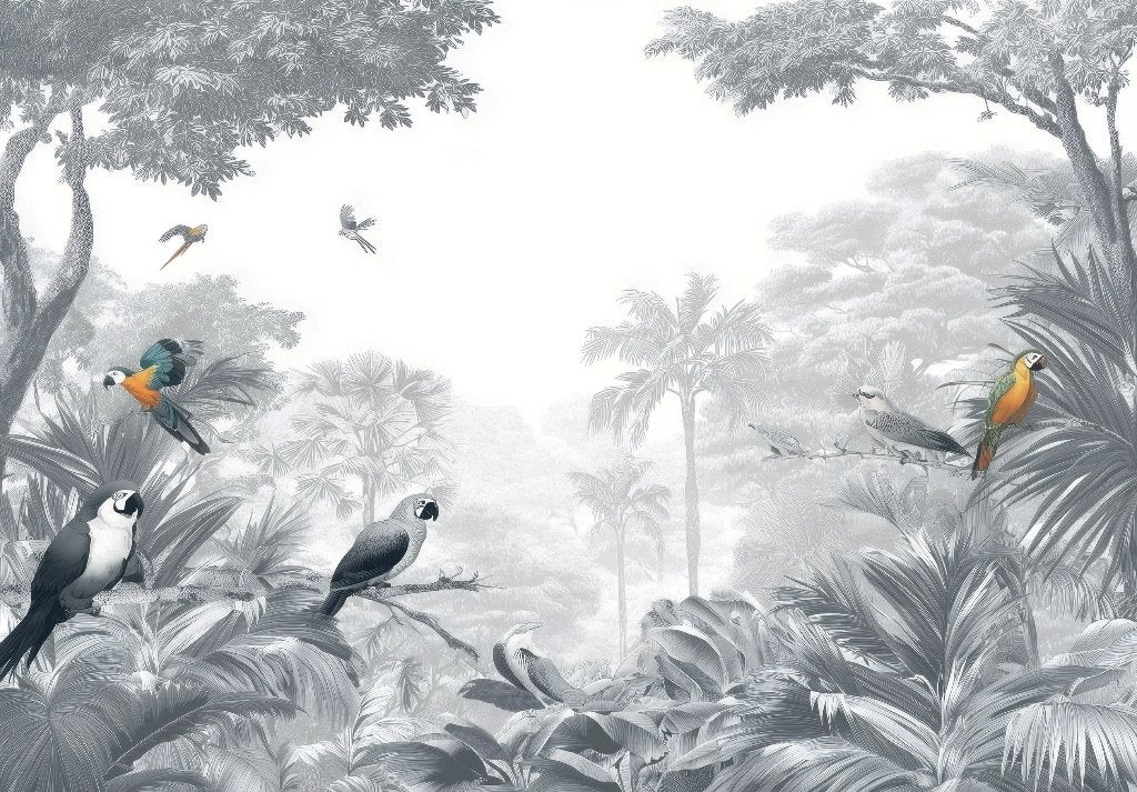 Jungle fotobehang Grijstinten met Papegaaien, Ook op maat!, Verzenden, Fotobehang