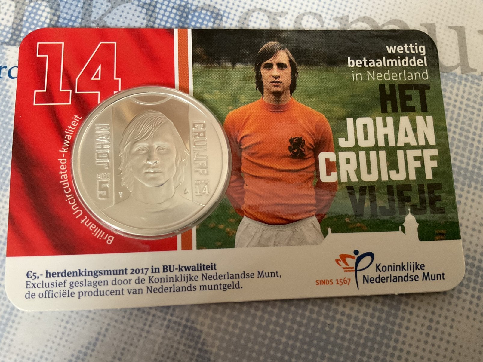 Johan Cruijf herdenkings munt €5,- in BU kwaliteit., Ophalen of Verzenden, Koningin Beatrix, Euro's