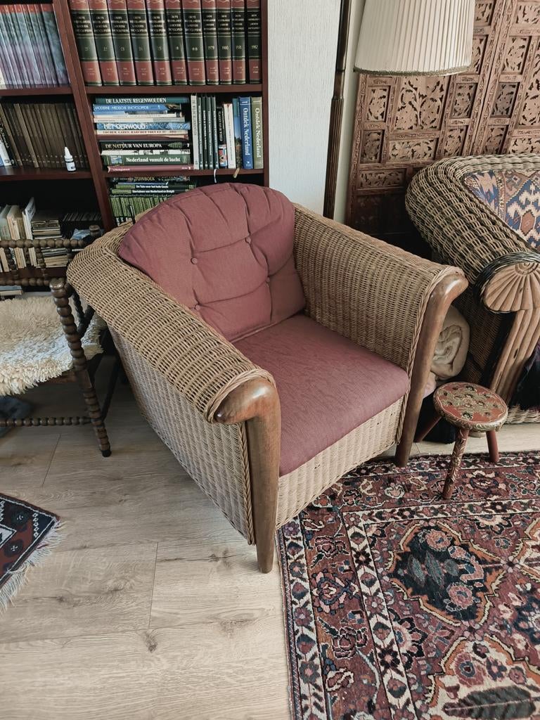 Vintage rotan fauteuil met rood kussen, Gebruikt, Overige kleuren, Vintage, Bohemian, Eén