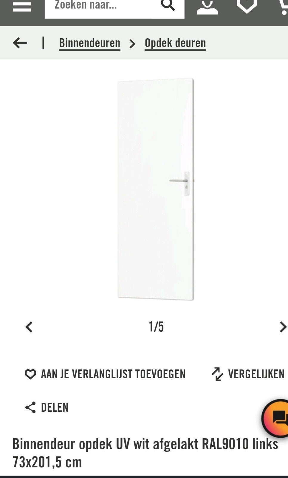 Binnendeur opdek wit afgelakt RAL9010 links 73x201,5 cm, Ophalen, Minder dan 80 cm, Binnendeur, Nieuw