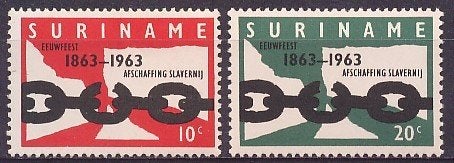 Suriname NVPH nr 396/7 postfris Afschaffing slavernij 1963, Ophalen of Verzenden, Postfris