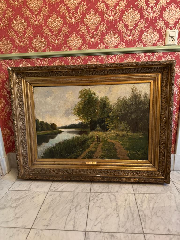 Groot Olieverfschilderij 'Rivierlandschap' van Jan de Haan, Antiek en Kunst, Kunst | Schilderijen | Klassiek, Ophalen