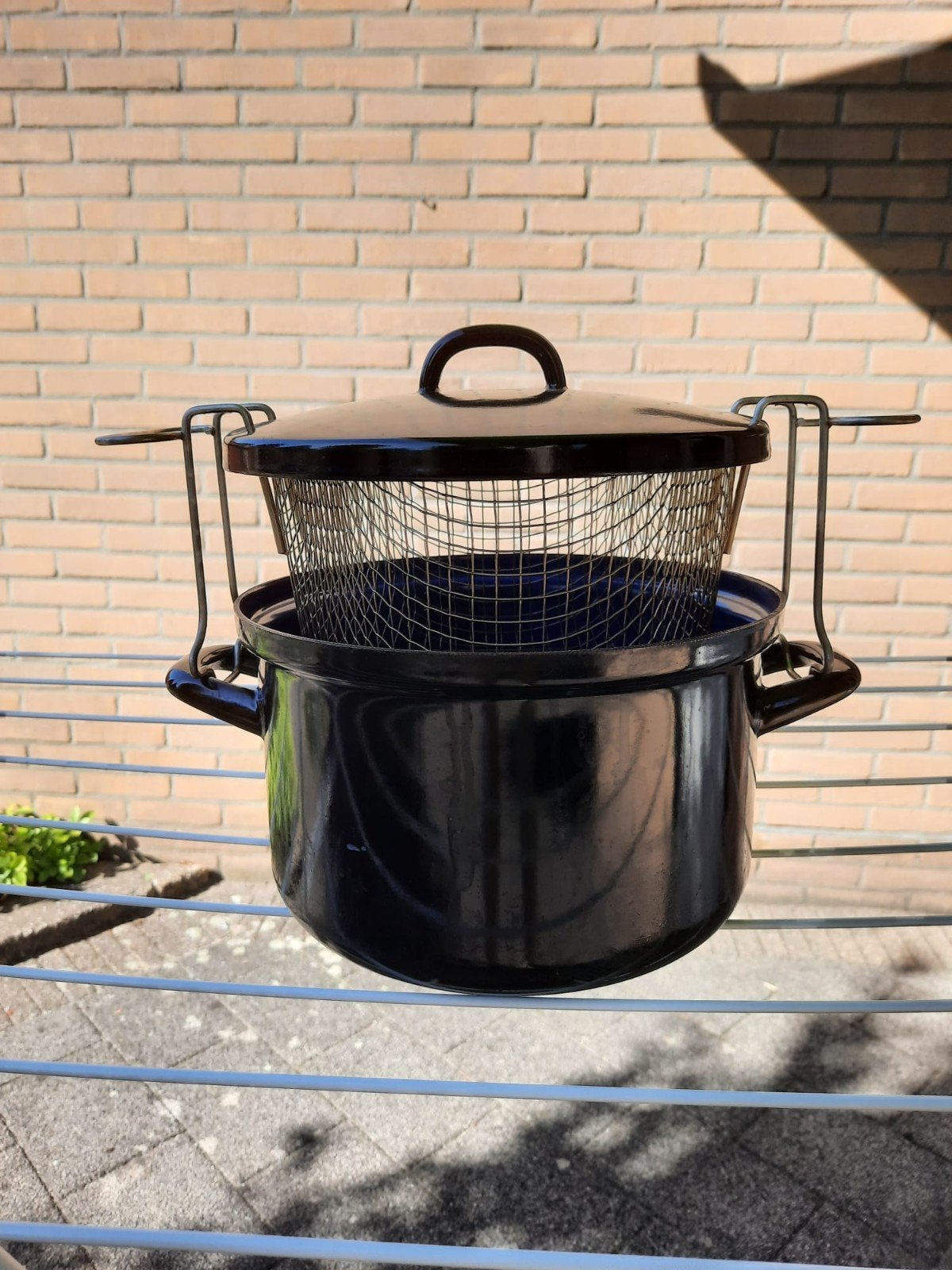 BK Frituurpan - Zwart emaille met mandje en deksel, Huis en Inrichting, Frituurpan, Gebruikt, Ophalen of Verzenden, Emaille