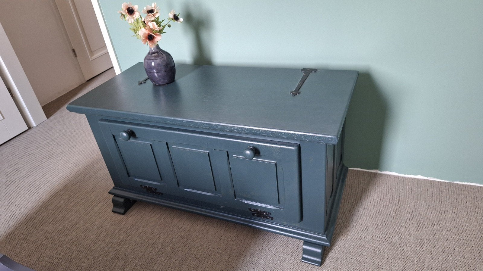 Eiken Dekenkist - Klassiek donkerblauw, Huis en Inrichting, Ophalen, Gebruikt, 100 tot 150 cm, Met deur(en)