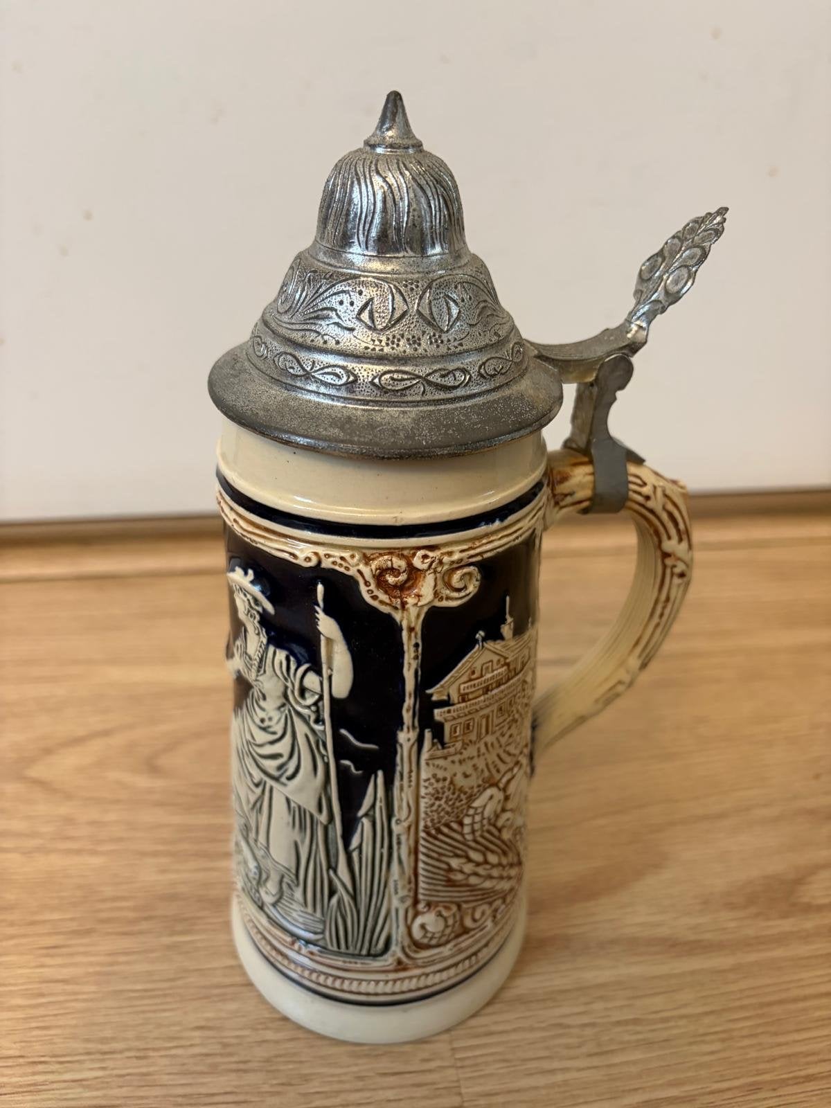 Vintage Duitse Bierpul met Tin Deksel - Handgemaakt, Antiek en Kunst, Ophalen of Verzenden