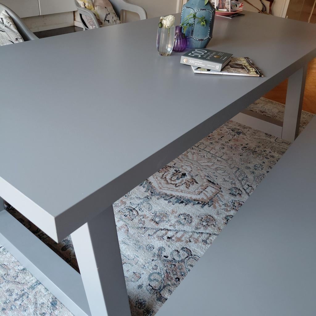 Grote eettafel met bank 220x90 - Grijs, Ophalen, Modern, Industrieel, 200 cm of meer, 50 tot 100 cm