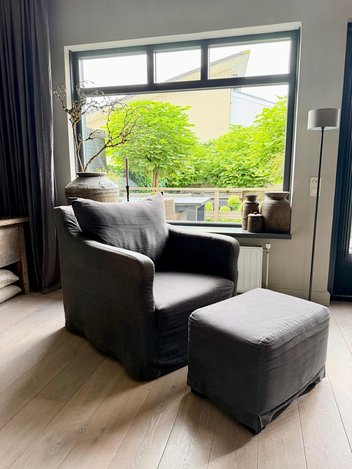 Fauteuil met hocker landelijke stijl, Huis en Inrichting, Fauteuils, Ophalen, Gebruikt, 75 tot 100 cm, Landelijk wonen, Hoffz stijl, sober, stoer.
