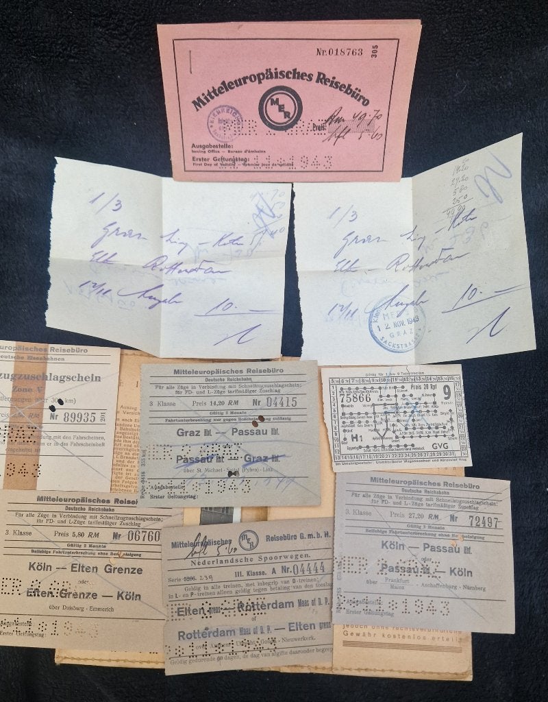 1943 Treinkaartjes Reisbescheiden R'dam-Elten Graz-Passau, Ophalen of Verzenden, Gebruikt, Trein, Overige typen
