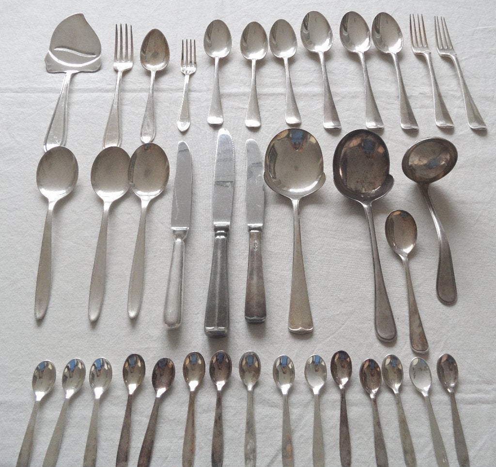 37 Div. verzilverde bestek delen schaal met Zilver voet zie, Antiek en Kunst, Ophalen of Verzenden