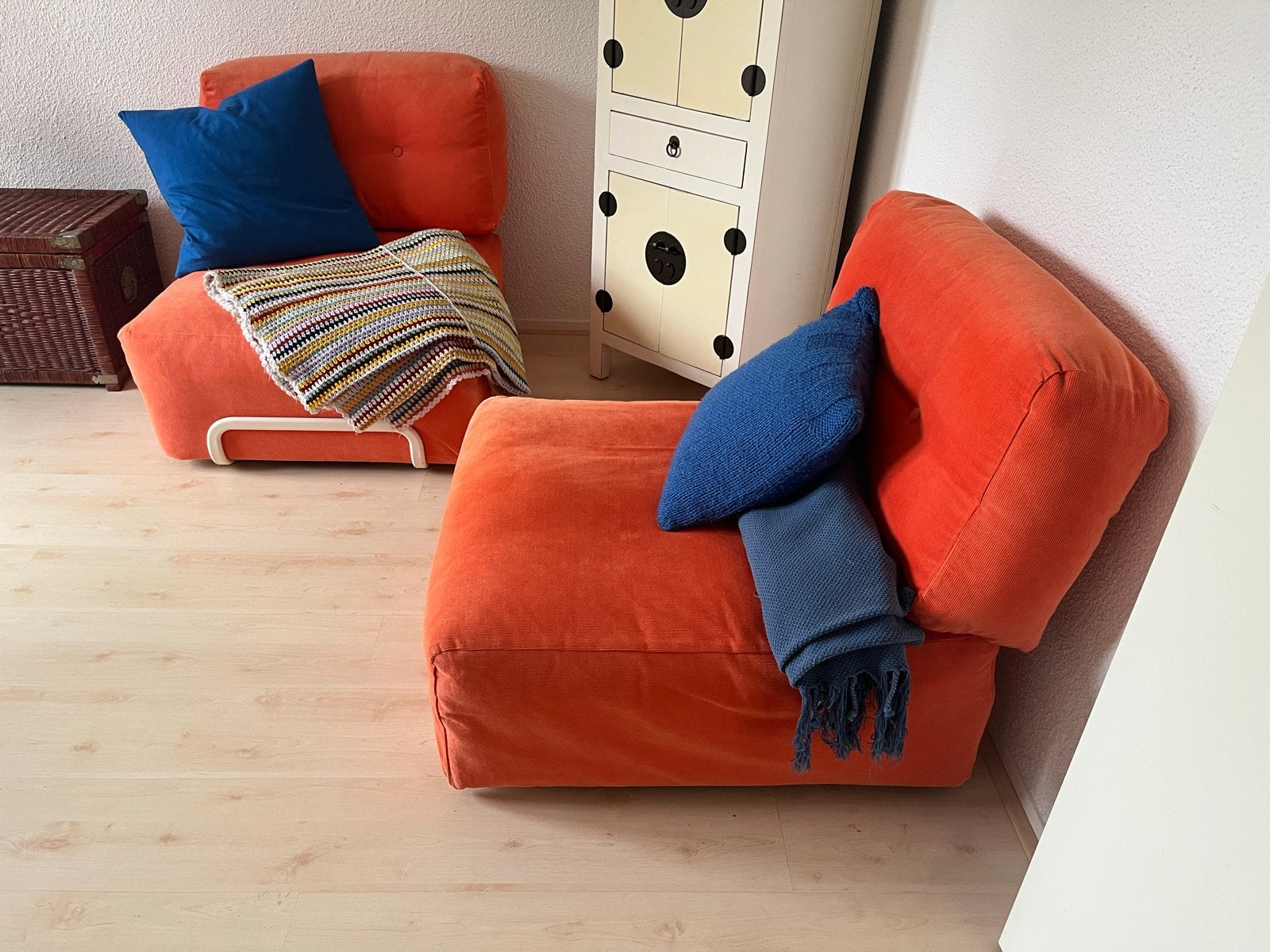 Twee oranje RÖRBERG fauteuils - modulair en comfortabel, Ophalen, Gebruikt, 150 tot 200 cm, Tweepersoons