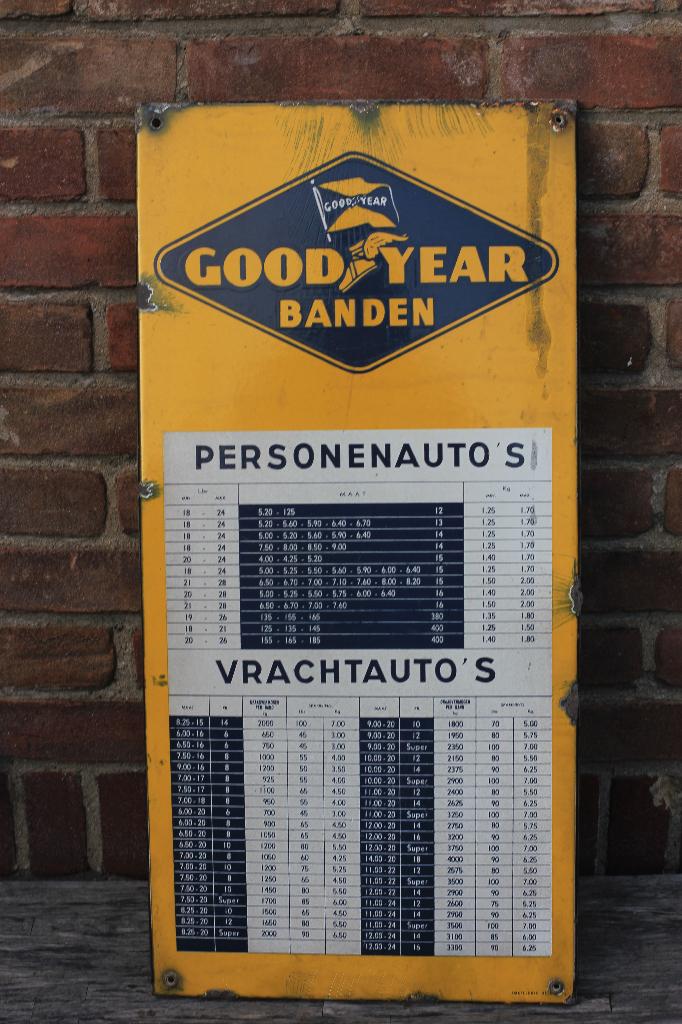 EMAILLE BORD GOOD YEAR bandenspanningstabel ----automobilia, Ophalen of Verzenden