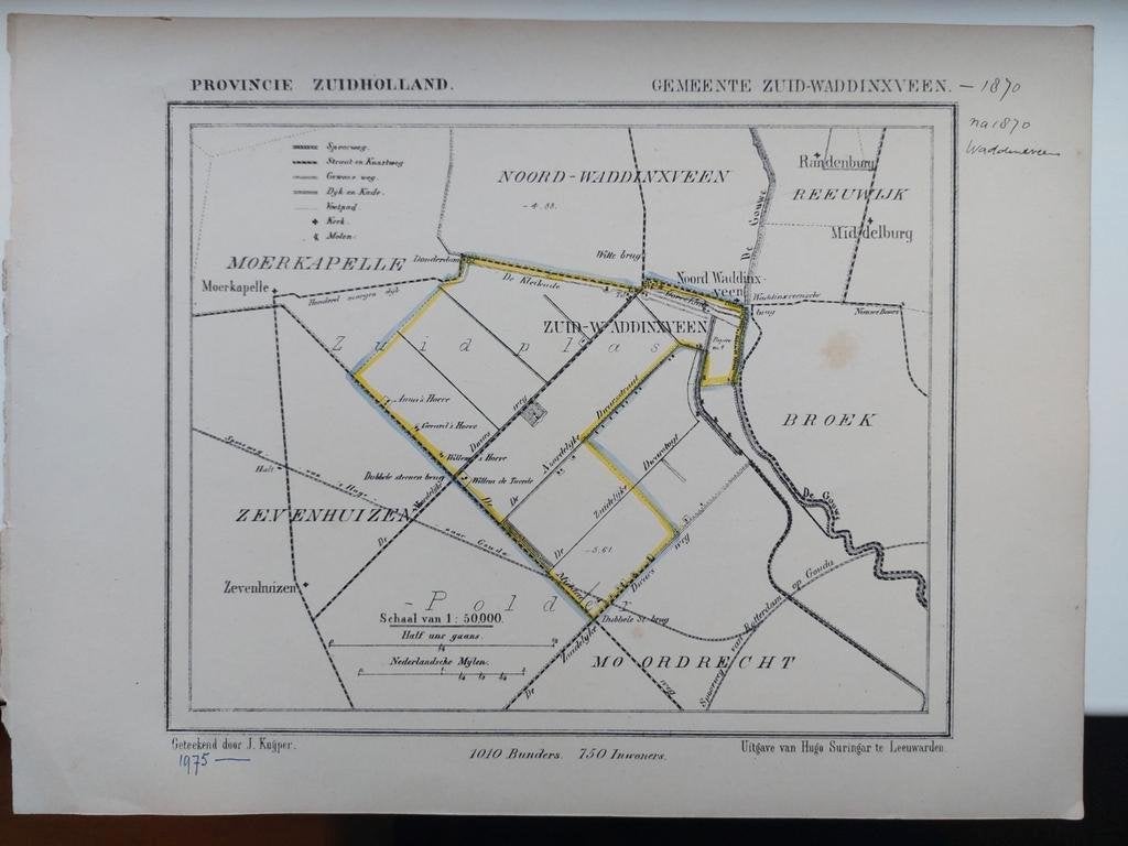 212 / Zuid Waddinxveen Litho van J. Kuyper uit 1867, Ophalen of Verzenden