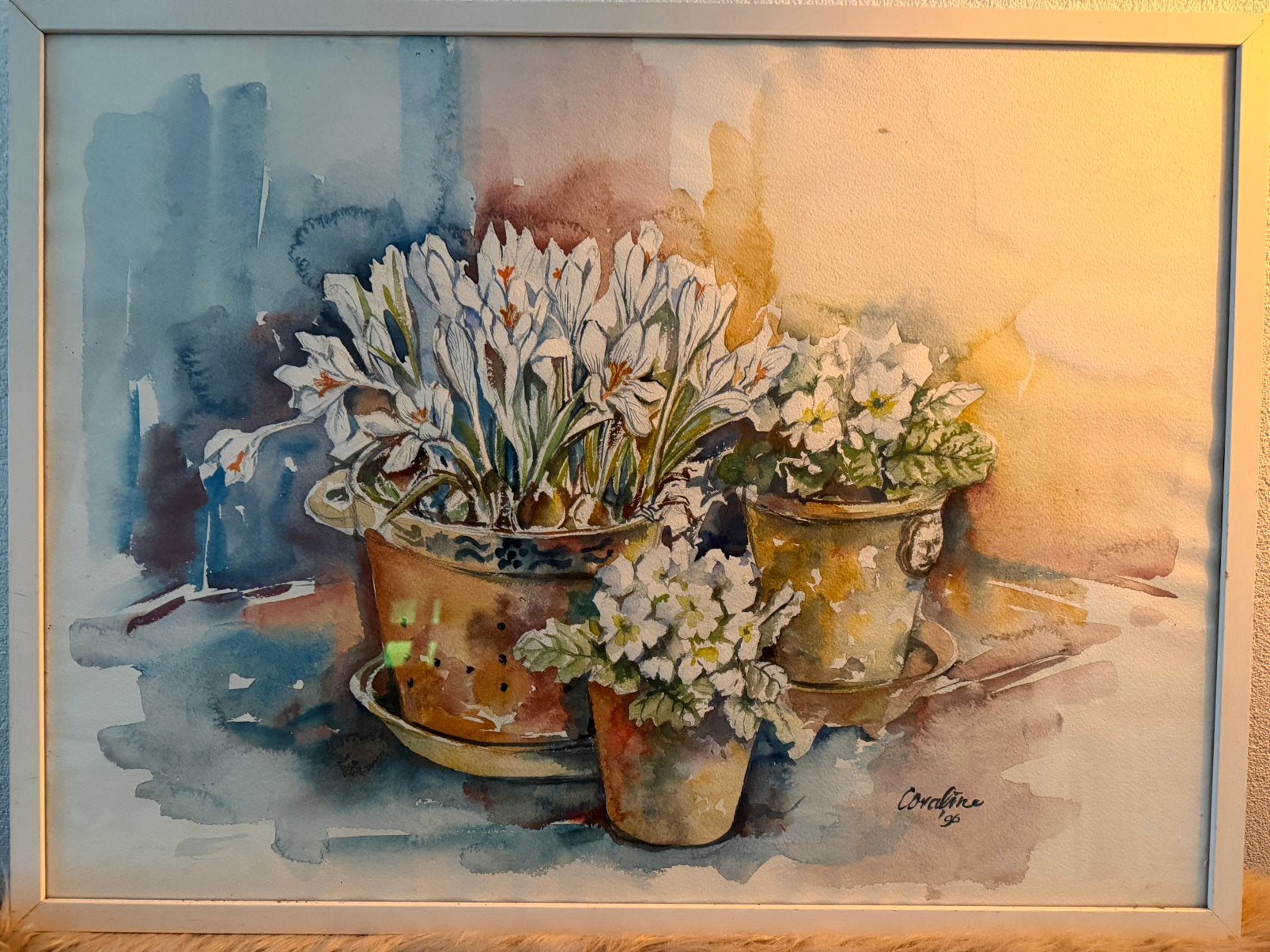 Aquarel witte lente bloemen van Coraline Bäcker uit 1996, Realistisch, Achter glas, Aquarel, Papier