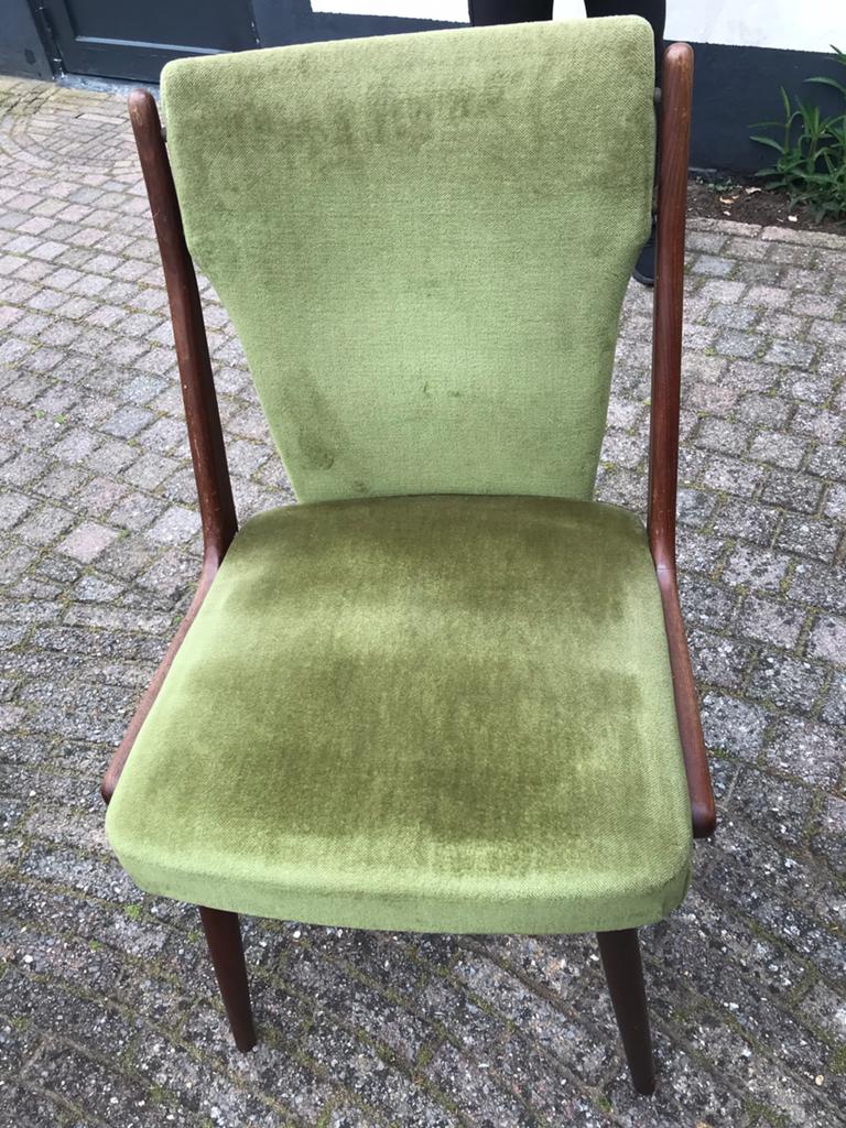 4 vintage 1960 eetkamerstoelen,groene velours bekleding, Ophalen