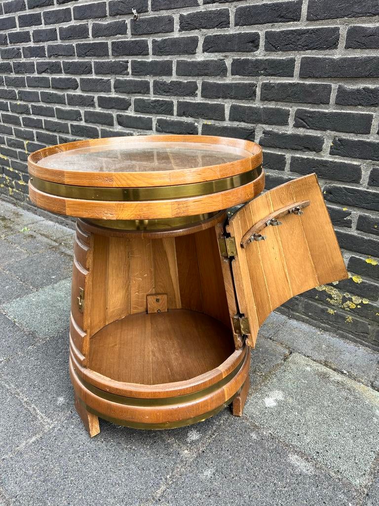 Vintage houten drankvat/drankton - jaren 70, Huis en Inrichting, Tafels | Bijzettafels, Minder dan 55 cm, Gebruikt, Rond, Hout