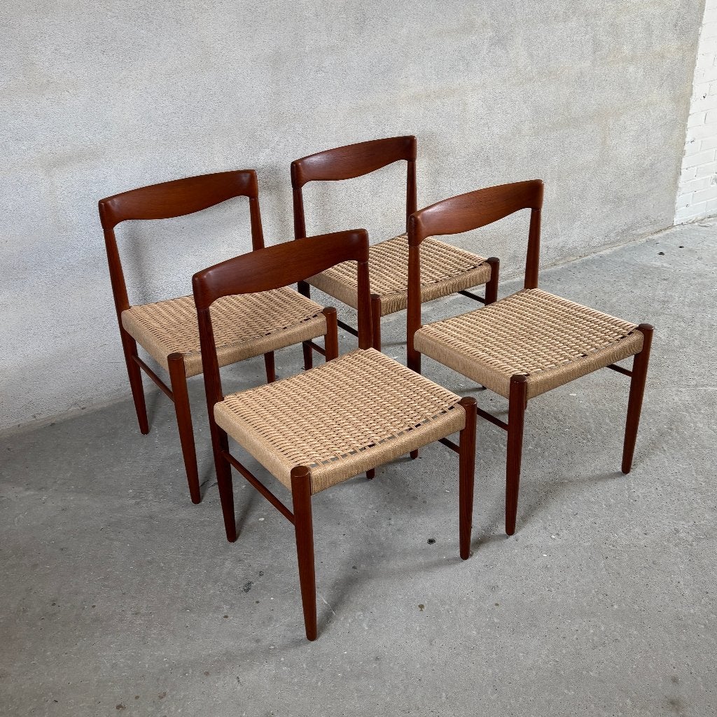 4x deense Eetkamerstoelen H. W. Klein – Teak Papercord, Gebruikt, Bruin, Ophalen of Verzenden, Vier