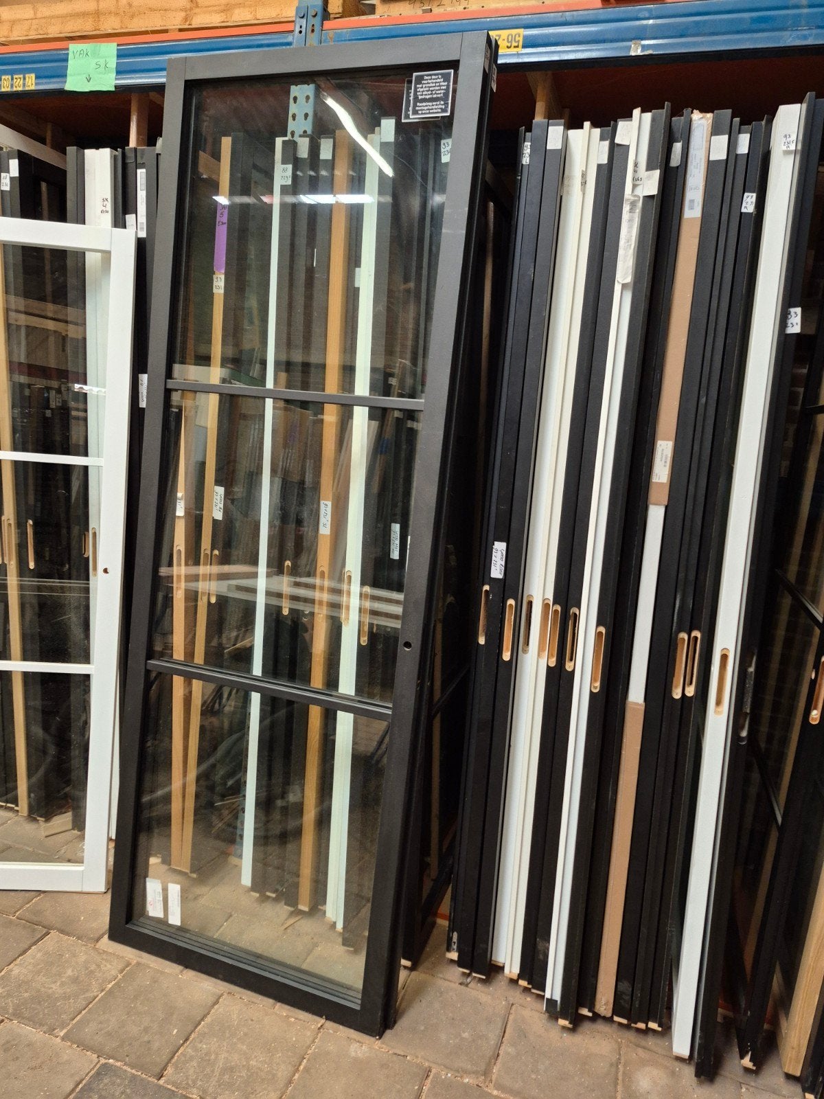 88x250,5cm staallook deur stomp zwart blank glas SK1