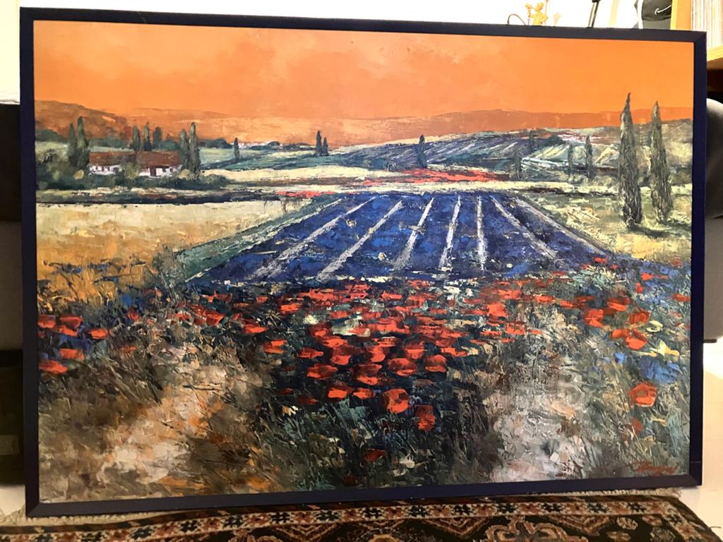 Schilderij: Toscaans landschap met klaprozen 70x100, Antiek en Kunst, Kunst | Schilderijen | Klassiek, Ophalen