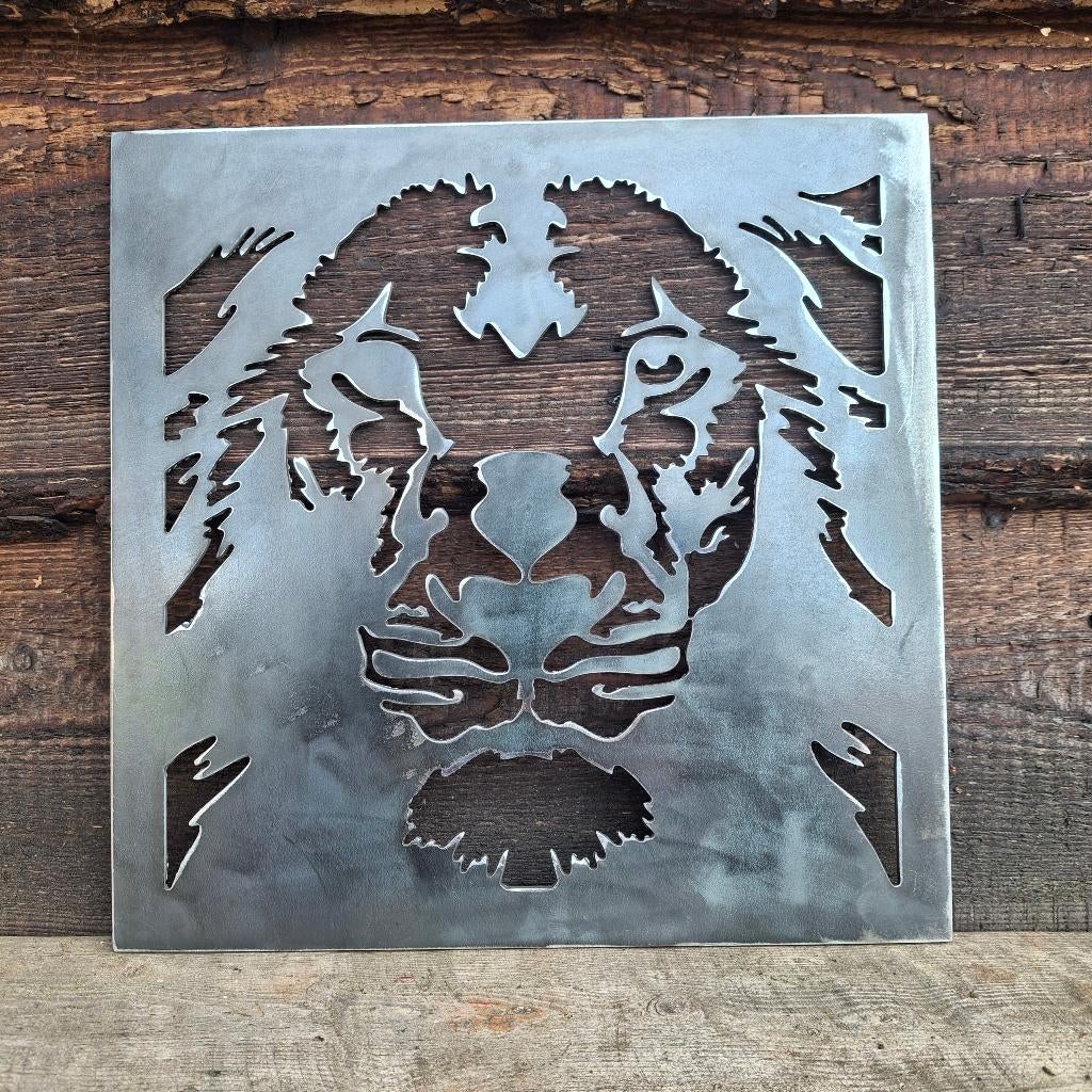 Indrukwekkende Leeuwenkop - Metalen wandpaneel / snijwerk, Metaal, 30 cm, 30 cm, Nieuw