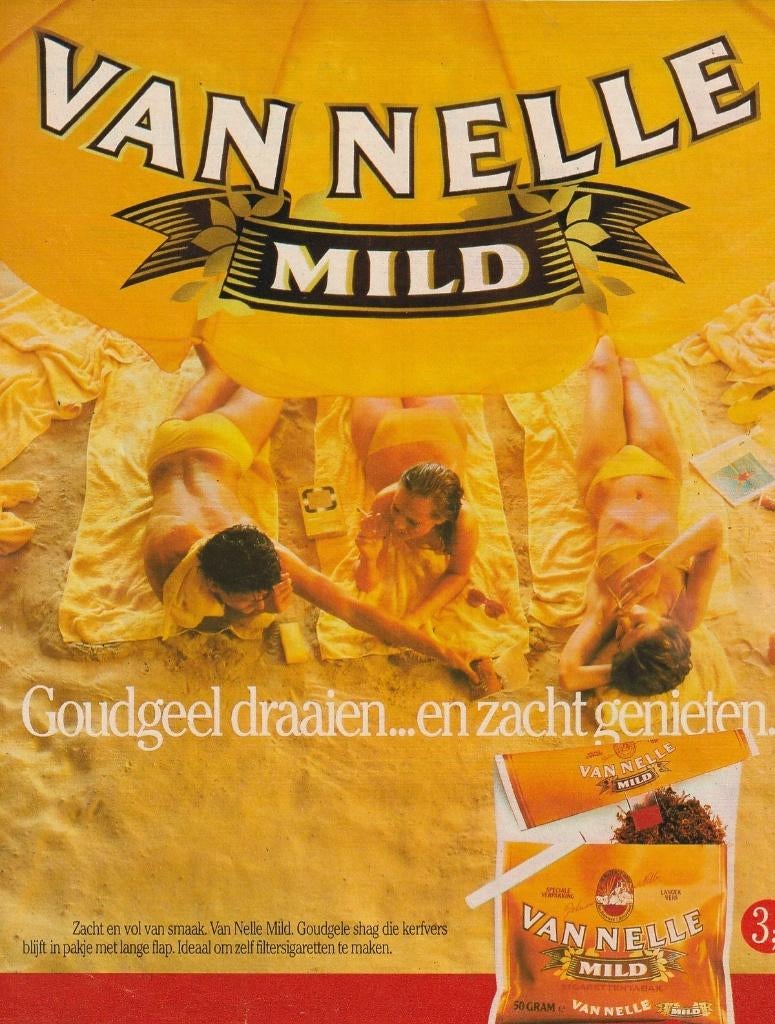 Retro reclame 1986 Van Nelle shag goudgeel gedraaid, Verzamelen, Retro, Overige typen, Verzenden