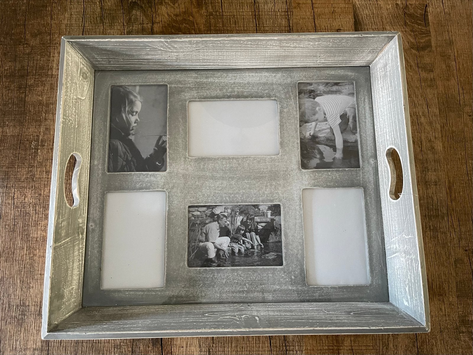 Houten fotolijst/dienblad met 5 vakken - Grijs/wit, Gebruikt, Ophalen of Verzenden, Met glas, Hout
