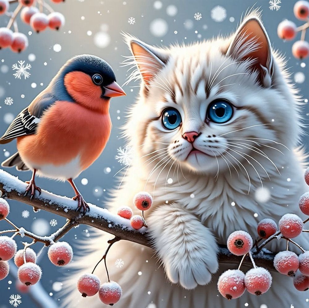 30x30cm Diamond Painting poes vogel in sneeuw nr 312, Verzenden, Nieuw, Dieren, Diamond painting