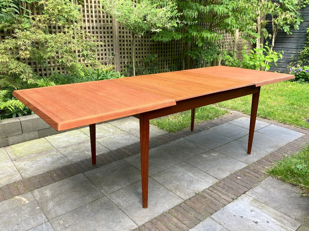 Teak uitschuifbare Deense eettafel Fritz Hansen., Ophalen, Gebruikt, 200 cm of meer, 50 tot 100 cm