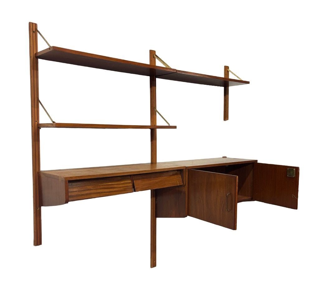Vintage Wandsysteem Wandmeubel Teak Fineer Jaren 60 design, Ophalen, Gebruikt, Teakhout, Met lade(s)