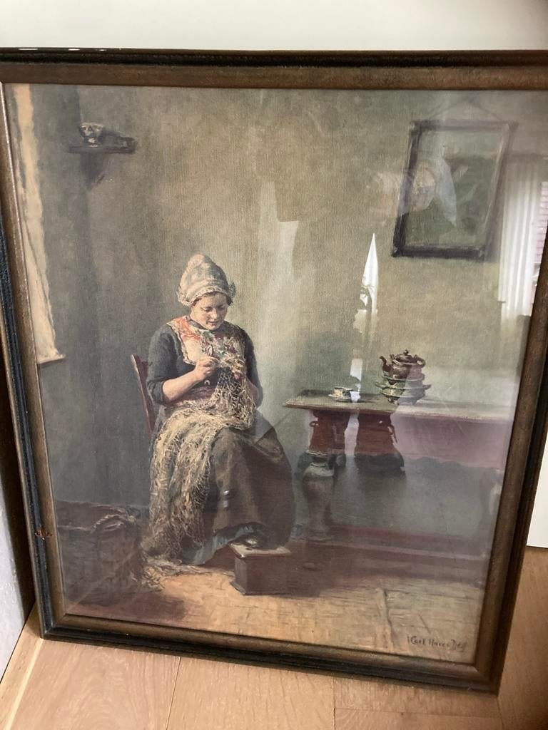 Antieke prent van Carl Haver, Vrouw aan het breien, Antiek en Kunst, Kunst | Schilderijen | Klassiek, Ophalen